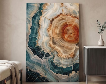 May include: A rectangular wall art piece featuring a high-resolution print of a cross-section of a tree trunk. The center displays concentric rings in shades of amber and brown, surrounded by swirling patterns of deep teal, blue, and white.