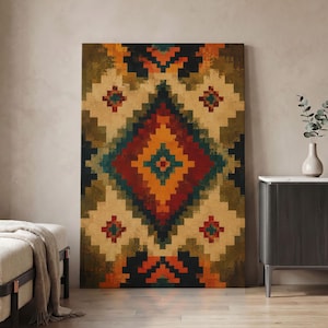 Geometrische Azteken-Wandkunst, Leinwanddruck im Südwest-Stil, Boho-Ethno-Dekor, Erdfarbenmuster, rustikal-moderne Wanddekoration fürs Wohnzimmer