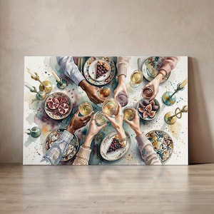 May include: A watercolor painting depicting a top-down view of a dinner party with multiple hands holding wine glasses, plates of fruit and pie, and lit candles. The scene features vibrant splashes of color, detailed table settings, and various food items.