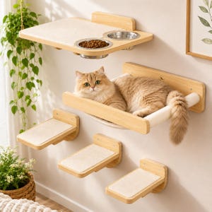 May include: A wall-mounted cat furniture set featuring a light wood platform with two integrated stainless steel bowls, a hammock-style bed with a long-haired cat resting on it, and three smaller rectangular wooden steps with beige fabric pads.