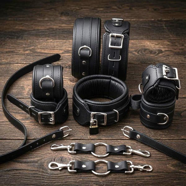 7-delige leren bondage-boeienset | Verstelbare pols-, enkel-, dij- en nekriem van rundleer