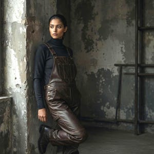 May include: A dark brown leather overall featuring a front bib pocket, side buttons, and straight-leg trousers, worn over a dark charcoal gray long-sleeved turtleneck sweater. The outfit is paired with dark brown leather boots.