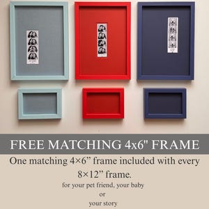 Può includere: Tre set di cornici rettangolari in azzurro, rosso e blu scuro, ognuna con una cornice grande da 8x12 pollici con una striscia fotografica verticale e una cornice più piccola abbinata da 4x6 pollici. Testo: FREE MATCHING 4x6" FRAME.