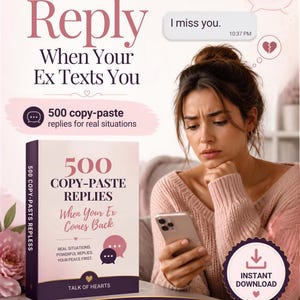 Op de afbeelding: Een digitale gids getiteld What to Reply When Your Ex Texts You, met een boekomslag met de tekst 500 Copy-Paste Replies When Your Ex Comes Back, Talk of Hearts, en een instant download badge, naast een tekstballon met de tekst I miss you.
