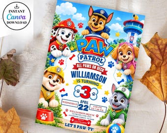 Paw Patrol Geburtstagseinladung – Bearbeitbare Canva-Vorlage, Welpenparty-Einladung, Paw Patrol Geburtstag für Jungen und Mädchen, Druckvorlage