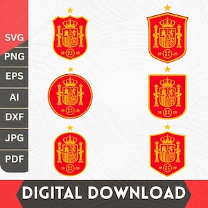 May include: A digital collection of six red and yellow Spanish national football team crests in various shapes including shields and circles, each featuring a crown, pillars, and the text RFEF 1909, presented with file format labels SVG, PNG, EPS, AI, DXF, JPG, PDF.
