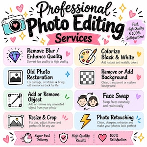 May include: A graphic advertisement for professional photo editing services featuring a camera icon and text listing options like remove blur, colorize, photo restoration, background removal, object removal, face swap, resize, and retouching.