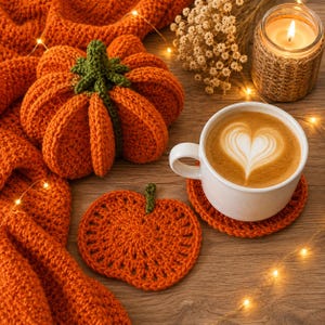 Juego de posavasos de calabaza con patrón de ganchillo, 8 posavasos se convierten en una calabaza 3D, pdf