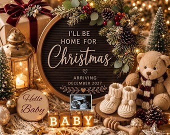 Anuncio de bebé navideño, revelación de embarazo en diciembre, anuncio de bebé navideño neutro, plantilla editable para anuncio de bebé navideño