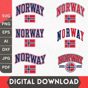 以下が含まれることがあります： NORWAYという文字が様々なフォントやレイアウトでデザインされた6種類のグラフィックと、赤、白、青のノルウェー国旗のデジタルコレクション。左側にはSVG、PNG、EPS、AI、DXF、JPG、PDFのファイル形式が記載されています。