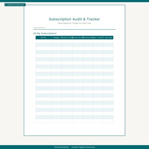 Subscription Audit Tracker PDF | Find & Cancel Money-Draining Subscriptions | Printable Subscription Log | Stop Paying for Things You Forgot