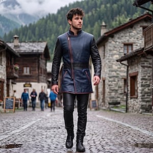 May include: A long-sleeved jacket featuring a navy blue front panel, black sleeves, and a black back. The jacket has a high collar, a diagonal off-center zipper with red trim, and a black waist belt. It is paired with black leather trousers.