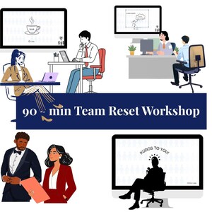 Puede incluir: Un gráfico digital titulado Reorg to Flow 90 min Team Reset Workshop que presenta ilustraciones de trabajadores de oficina en escritorios, monitores de computadora con contenido del taller y una silueta con el texto Kudos to You.