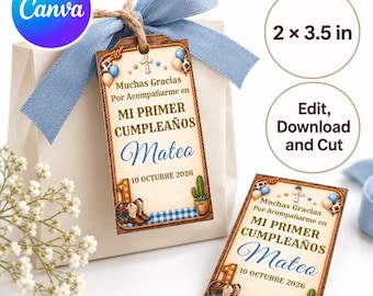 May include: Rectangular paper gift tags measuring 2 x 3.5 inches with a rope tie and blue ribbon. The design features a rope border, a cross, balloons, a cactus, and cowboy boots. Text reads: Muchas Gracias Por Acompañarme en MI PRIMER CUMPLEAÑOS Mateo 10 OCTUBRE 2026.