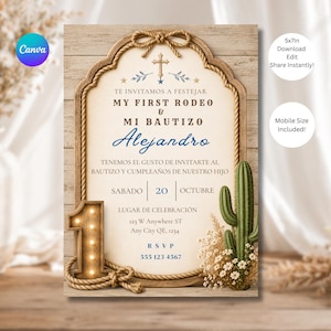 May include: A rectangular invitation card featuring a rustic wood-plank background and a central arched frame bordered by rope. The design includes a cross, a lit-up number one, and a green cactus. Text reads: My First Rodeo & Mi Bautizo Alejandro.