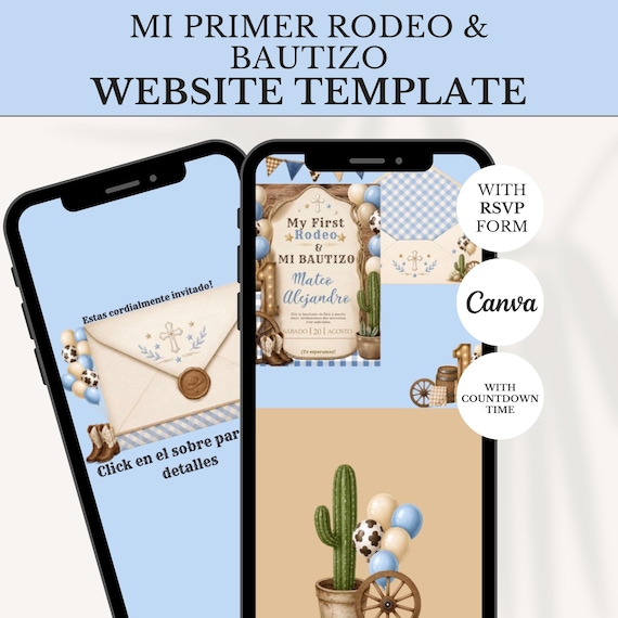My First Rodeo Mi Bautizo Interactive Website Invitation,First Rodeo & Bautizo Boy Website Invitation,Blue Western Cowboy Interactive Invite