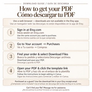 May include: An instructional graphic titled How to get your PDF, outlining four steps for downloading files from Etsy.com using a web browser. It includes numbered circles, text instructions for accessing purchases, opening template links in Canva, and guest checkout advice.