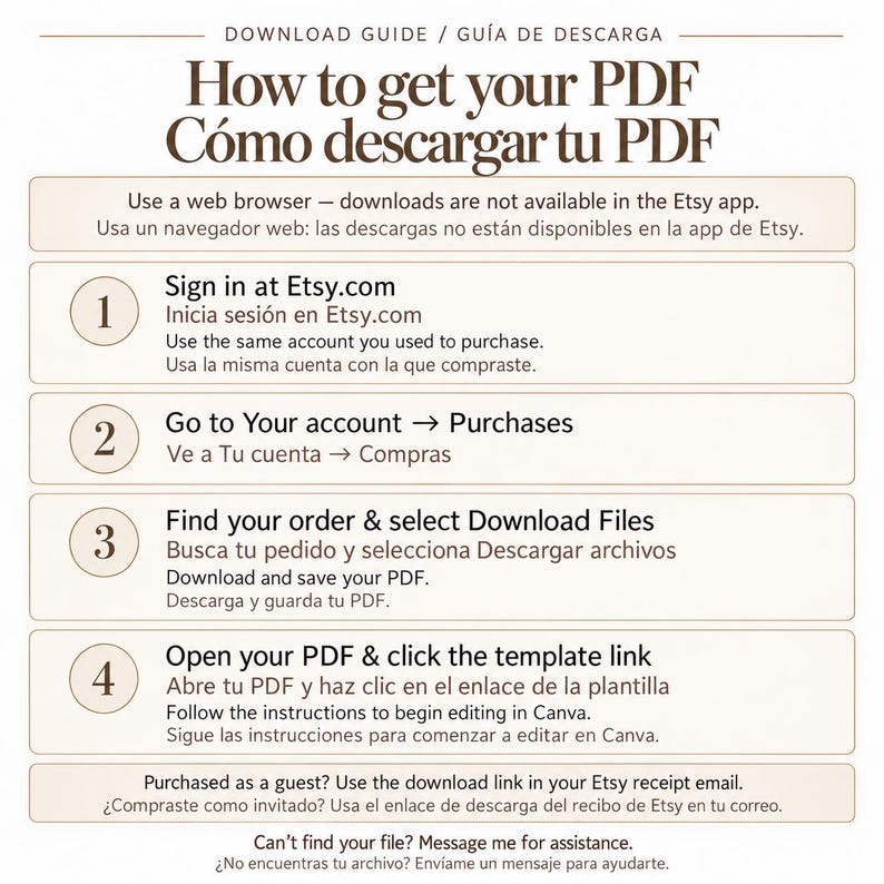 May include: An instructional graphic titled How to get your PDF, outlining four steps for downloading files from Etsy.com using a web browser. It includes numbered circles, text instructions for accessing purchases, opening template links in Canva, and guest checkout advice.