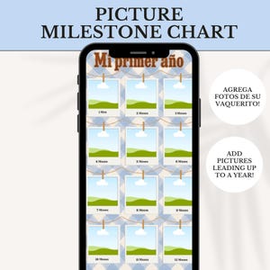 May include: A digital milestone chart displayed on a smartphone screen featuring a blue and white checkered background. The chart includes twelve blank photo frames labeled from 1 Mes to 12 Meses, with the text Mi primer a&ntilde;o at the top.