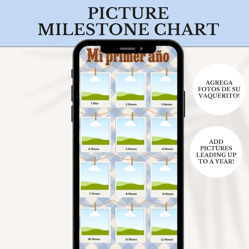 May include: A digital milestone chart displayed on a smartphone screen featuring a blue and white checkered background. The chart includes twelve blank photo frames labeled from 1 Mes to 12 Meses, with the text Mi primer a&ntilde;o at the top.