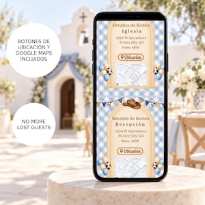 May include: A smartphone screen displaying a digital invitation with a light blue gingham background. The design features two arched panels labeled Detalles de Rodeo Iglesia and Recepci&oacute;n, each with a map, balloons, and a cowboy hat.