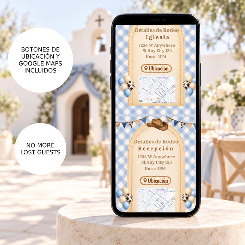 May include: A smartphone screen displaying a digital invitation with a light blue gingham background. The design features two arched panels labeled Detalles de Rodeo Iglesia and Recepci&oacute;n, each with a map, balloons, and a cowboy hat.