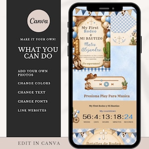 May include: A smartphone screen displaying a digital invitation template with a rodeo and baptism theme. The design features blue gingham patterns, cowboy boots, cacti, and balloons. Text includes My First Rodeo & Mi Bautizo, Mateo Alejandro, and a countdown timer.