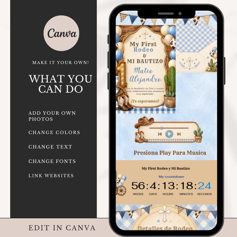 May include: A smartphone screen displaying a digital invitation template with a rodeo and baptism theme. The design features blue gingham patterns, cowboy boots, cacti, and balloons. Text includes My First Rodeo & Mi Bautizo, Mateo Alejandro, and a countdown timer.