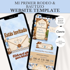 May include: A digital website template for a rodeo and baptism event displayed on two smartphones. The design features blue gingham patterns, cowboy boots, cacti, and a cross. Text includes "Mi Primer Rodeo & Bautizo", "Est&aacute;s invitado", and a countdown timer.