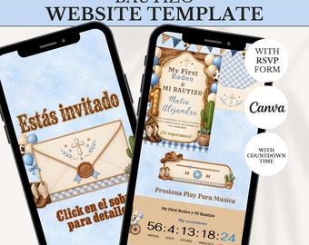 May include: A digital website template for a rodeo and baptism event displayed on two smartphones. The design features blue gingham patterns, cowboy boots, cacti, and a cross. Text includes "Mi Primer Rodeo & Bautizo", "Estás invitado", and a countdown timer.