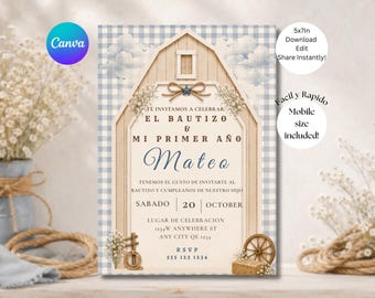 May include: A rectangular invitation card featuring a light blue and white gingham background with a central barn-shaped frame. The text reads: TE INVITAMOS A CELEBRAR EL BAUTIZO & MI PRIMER AÑO Mateo SABADO 20 OCTOBER LUGAR DE CELEBRACION 1234W ANYWHERE ST ANY CITY QE 1234 RSVP 555 123 1234.