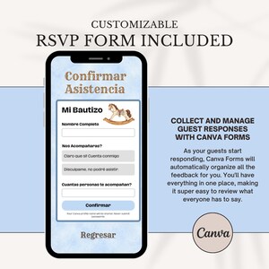 May include: A smartphone screen displays a customizable RSVP form for a baptism, featuring a rocking horse illustration and the text Confirmar Asistencia, Mi Bautizo, Nombre Completo, Nos Acompa&ntilde;aras, and Confirma. The text Canva is also visible.