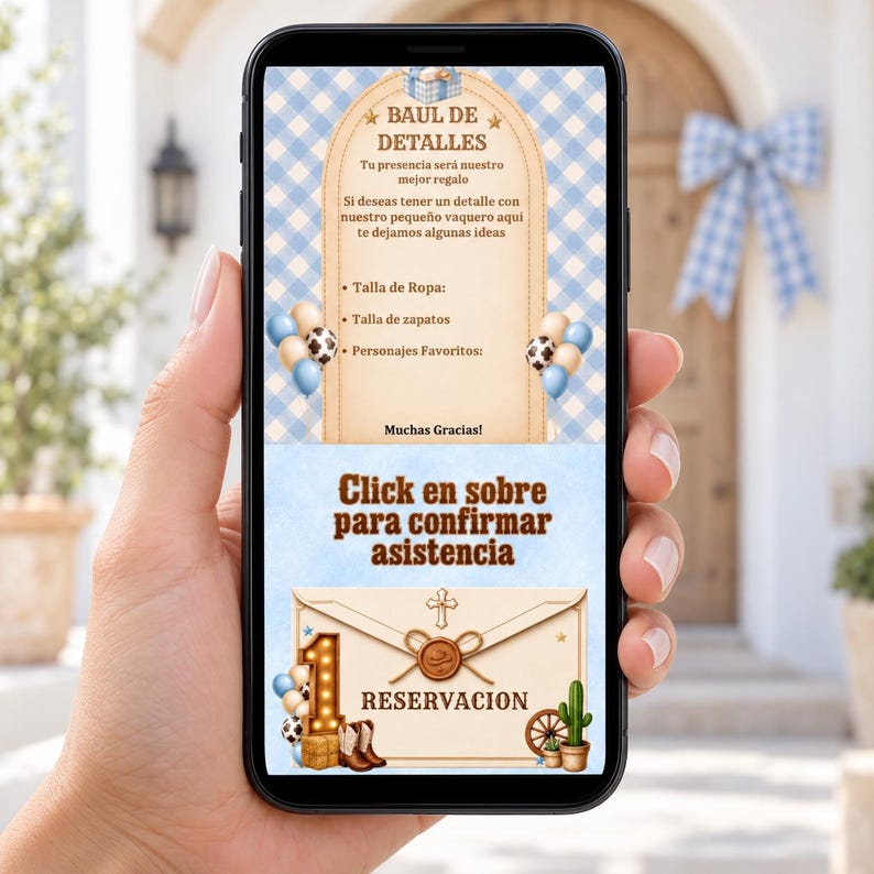 May include: A digital invitation displayed on a smartphone screen featuring a blue gingham background, a beige arch with the text BAUL DE DETALLES, and a lower section with an envelope graphic, the number 1, and the text RESERVACION.