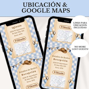 May include: Two smartphones display digital event invitations with a blue gingham background, cowboy hat graphics, and balloon clusters. The screens show text including "Ubicaci&oacute;n & Google Maps," "Iglesia," "Recepci&oacute;n," and "No more lost guests!"