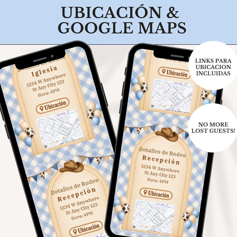May include: Two smartphones display digital event invitations with a blue gingham background, cowboy hat graphics, and balloon clusters. The screens show text including "Ubicaci&oacute;n & Google Maps," "Iglesia," "Recepci&oacute;n," and "No more lost guests!"