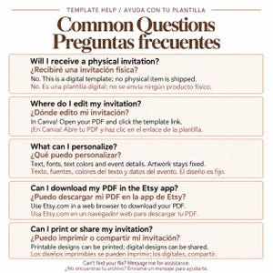 May include: An informational graphic titled Template Help and Common Questions. It lists five FAQs regarding digital invitation templates, including editing in Canva, personalization options, PDF downloading via web browsers, and printing or sharing.