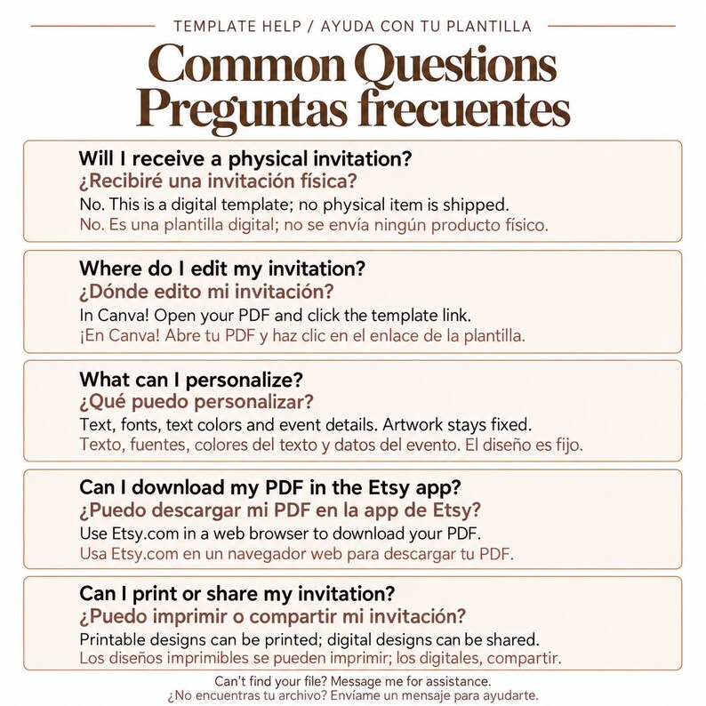 May include: An informational graphic titled Template Help and Common Questions. It lists five FAQs regarding digital invitation templates, including editing in Canva, personalization options, PDF downloading via web browsers, and printing or sharing.