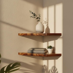 May include: Two triangular wooden corner shelves mounted on a wall. The top shelf holds a white vase with a sprig of eucalyptus. The bottom shelf holds a stack of two gray books and a small potted succulent plant with green leaves.