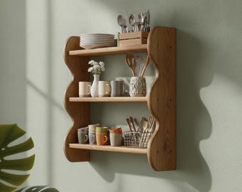 Vintage Wooden Wall Shelf, 3 Tier Solid Wood Wall Shelves, Farmhouse Display Shelf, Wall Mounted Storage for Kitchen Bedroom Living Room