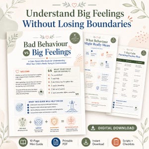 Puede incluir: Una guía digital para padres titulada Understand Big Feelings Without Losing Boundaries, que incluye secciones sobre Bad Behaviour vs Big Feelings, What Behaviour Might Really Mean y un plan de práctica de 7 días.