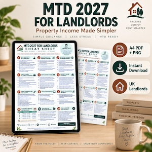 May include: A digital tablet and a printed document titled MTD 2027 FOR LANDLORDS CHEAT SHEET, featuring twelve numbered sections of tax guidance, icons, and text. Beside them sits a beige ceramic mug with the text Good Landlords Build Brighter Futures.