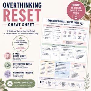 Puede incluir: Una hoja de trucos imprimible titulada Overthinking Reset Cheat Sheet con un diseño estructurado que incluye secciones para identificar tipos de pensamientos, calmar la mente, realizar comprobaciones TCC y gestionar preocupaciones.