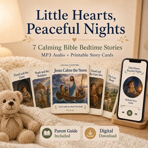 Può includere: Un set di 7 carte con storie bibliche della buonanotte intitolate Little Hearts, Peaceful Nights, con illustrazioni di Davide, Noè, Gesù, Daniele e la pecora smarrita. Include audio MP3, download digitale e guida per genitori, con smartphone.