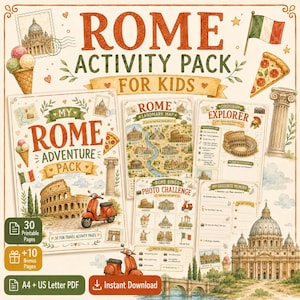 Può includere: Un pacchetto di attività su Roma per bambini con 30 pagine stampabili e 10 pagine bonus in formato PDF A4 e US Letter. Il design include illustrazioni del Colosseo, uno scooter rosso, gelato, pizza e la bandiera italiana con testo.