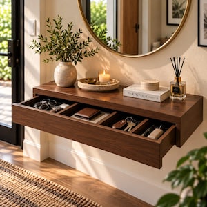 Puede incluir: Una consola de pared flotante de madera oscura con un cajón ancho dividido en cuatro compartimentos. El cajón contiene gafas de sol, un reloj, una cartera, llaves y un bolígrafo. La superficie superior sostiene un jarrón de cerámica, una vela y un libro.