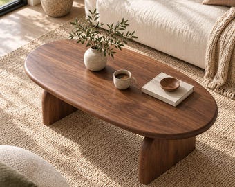 Mesa de centro ovalada de nogal macizo hecha a mano, mesa de centro minimalista Japandi