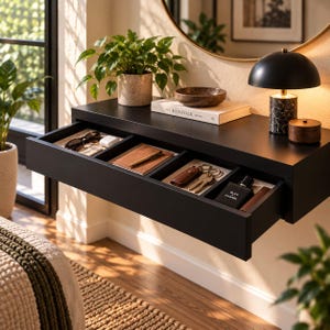 Peut inclure: Une console murale flottante noire avec un large tiroir divisé en quatre compartiments. Le tiroir contient des lunettes de soleil, un carnet, un stylo, des clés et un flacon de parfum. Une lampe, un livre intitulé The Kinfolk et un bol sont posés dessus.
