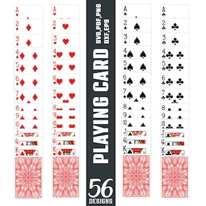 May include: A digital collection of 56 playing card designs featuring four suits: diamonds, hearts, spades, and clubs. Each suit includes cards from ace to ten, plus jack, queen, and king, with a red patterned back design and text reading PLAYING CARD.