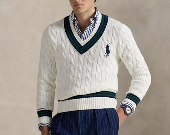 Polo Ralph Lauren Wimbledon Cable Knit V-Neck Sweater | Cream White Navy Green Stripe Pullover