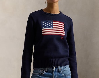 Polo Ralph Lauren Strickpullover mit amerikanischer Flagge | Dunkelblauer Pullover mit Rundhalsausschnitt